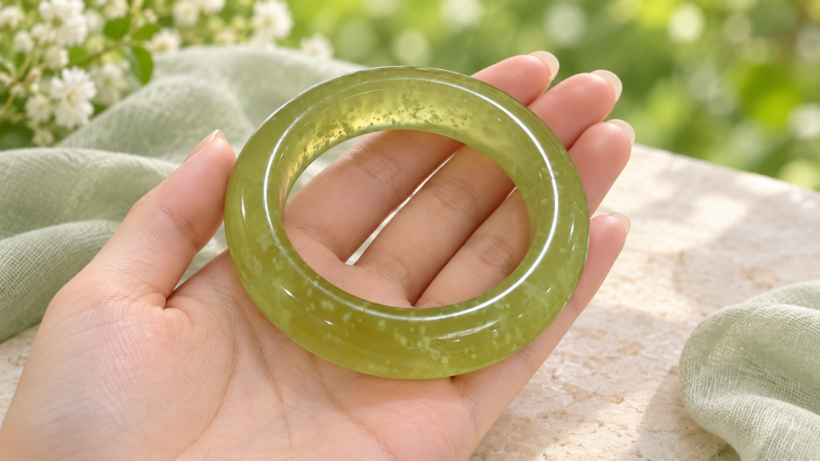 Vòng Ngọc Tụ Nham Ni 51.6 trên nền kem và vải xanh sage