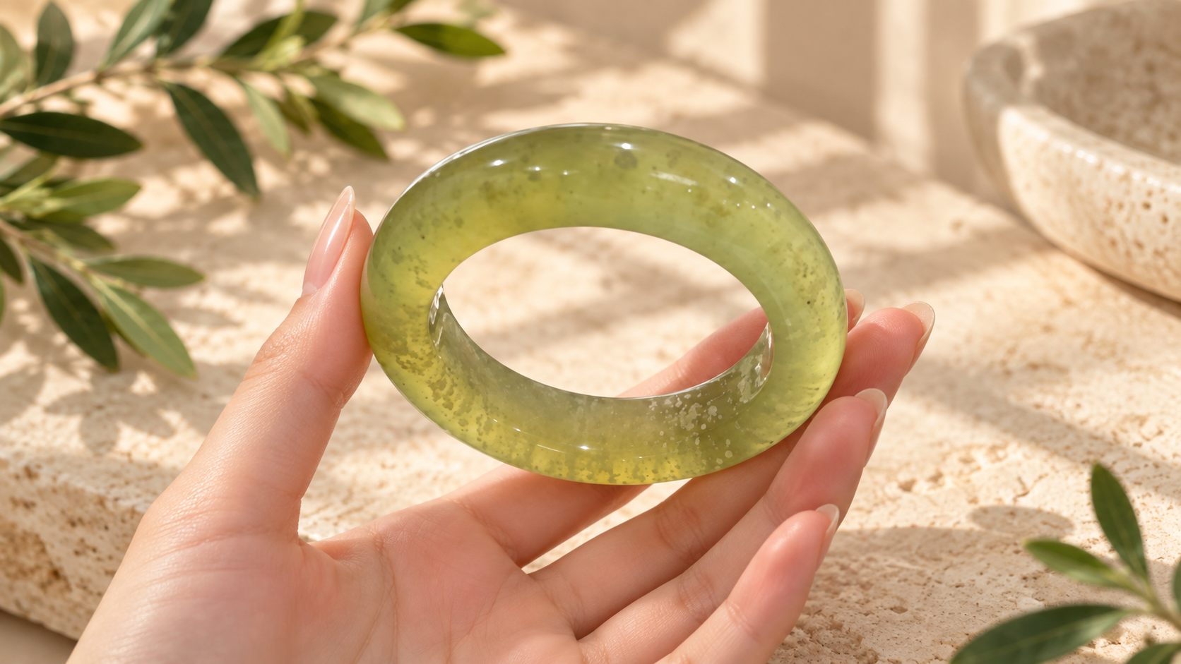 Cận cảnh Vòng Ngọc Tụ Nham Ni 55.6 với sắc olive và vùng mây tự nhiên